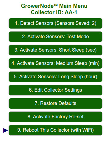 Main Menu: the Collector unit can be quickly rebooted Main Menu: the Collector unit can be quickly rebooted