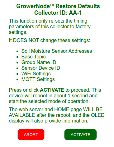 information screen about restoring the Collector default timing information screen about restoring the Collector default timing